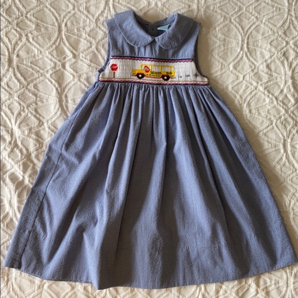 Girls Blue gingham smocked school bus dress